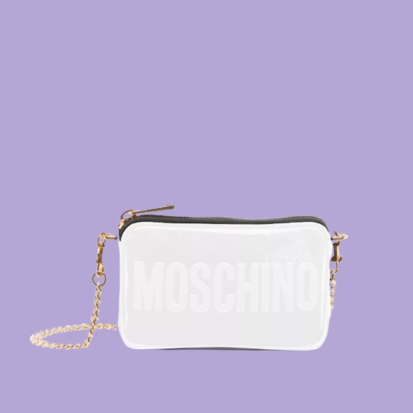 Moschino Handbags - MOSCHINO Patent Leather Logo Shoulder Bag White